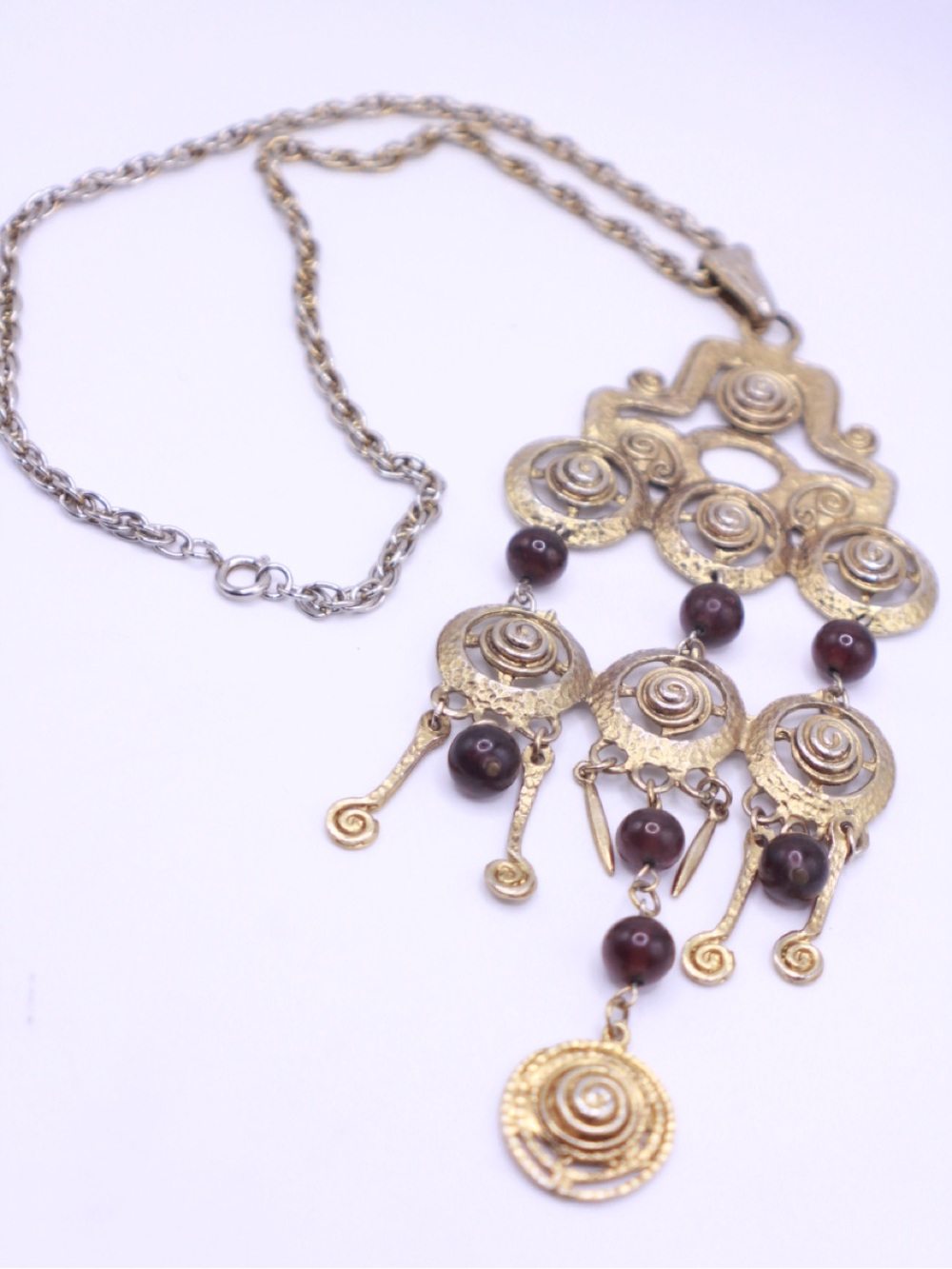 Vintage unsigned Goldette Gold tone Pendant Statement Necklace with purple beads